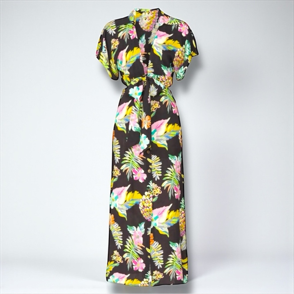 Le Superbe Pineapple Tropical Wrap Maxi Dress Resort Vacation Size S NWT